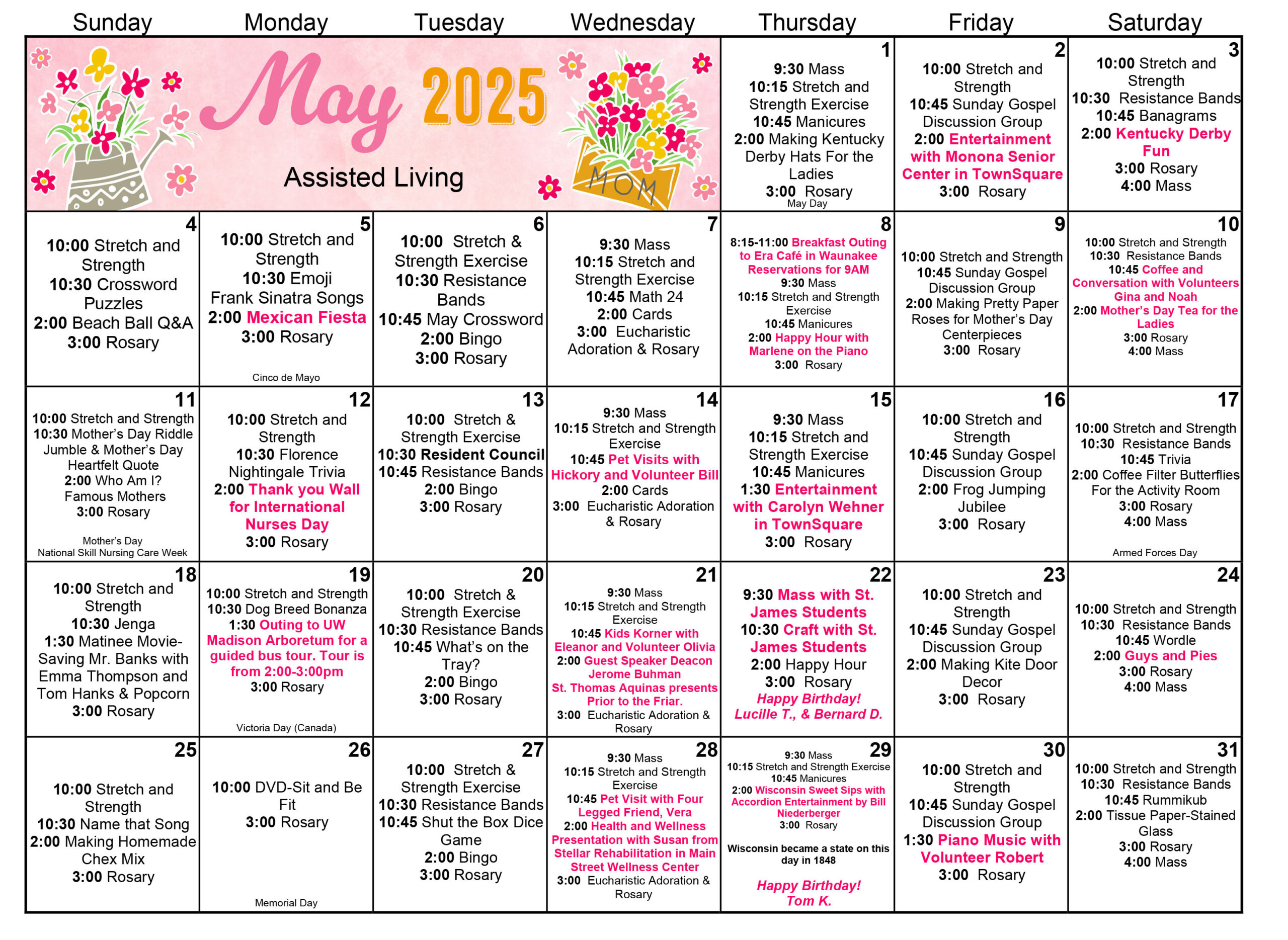 All Saints Assisted Living May calendar