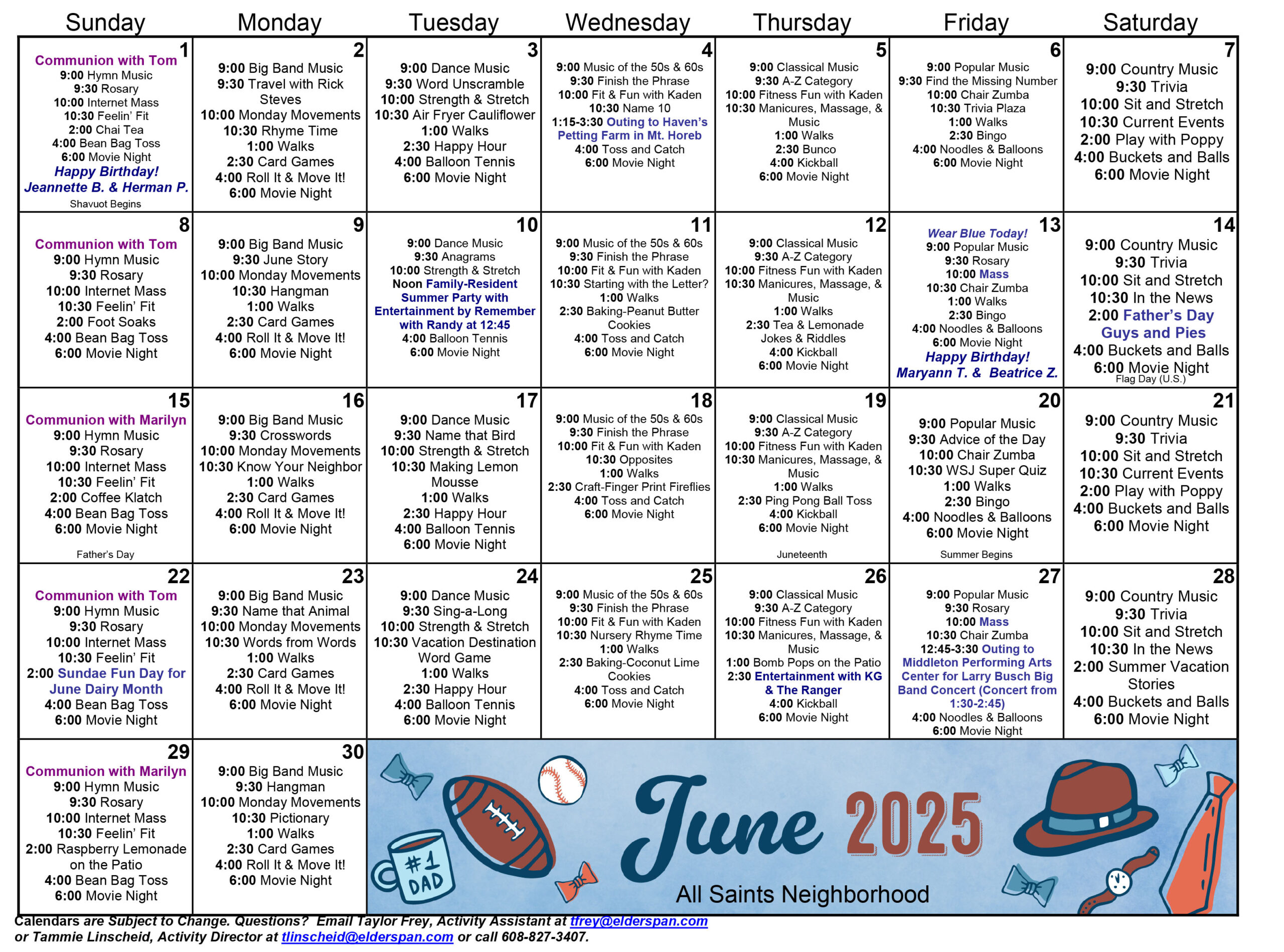All Saints Memory Care June 2025 calendar