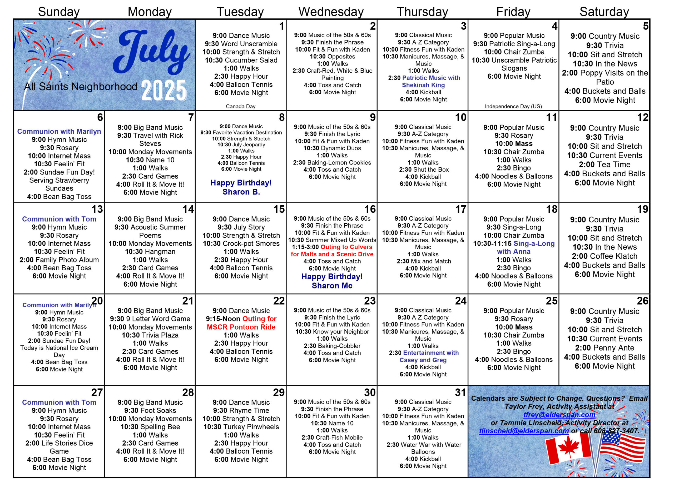 All Saints Memory Care July 2025 calendar
