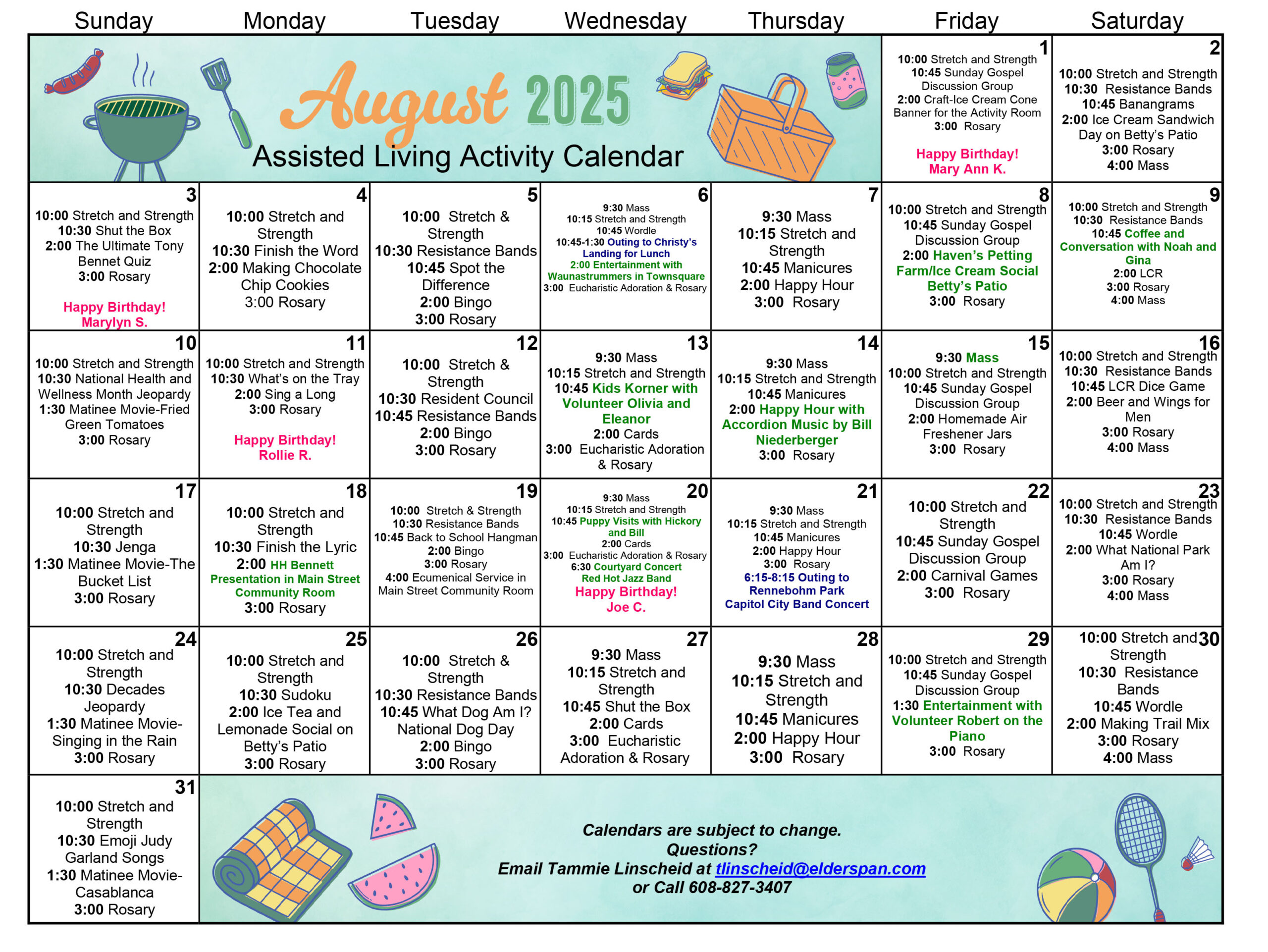 All Saints Assisted Living August 2025 calendar