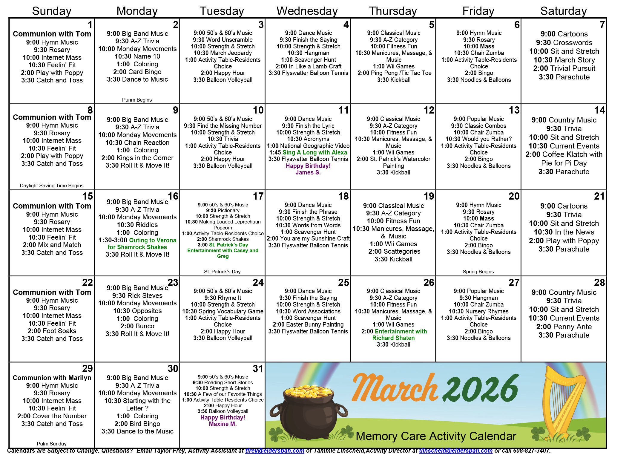 All Saints Memory Care March 2026 calendar