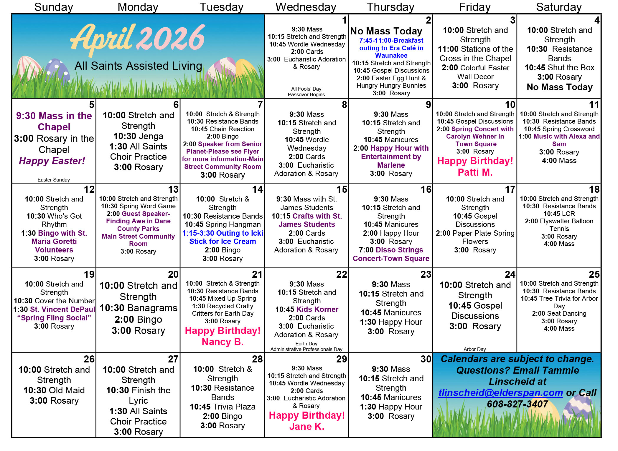 All Saints Assisted Living April 2026 calendar