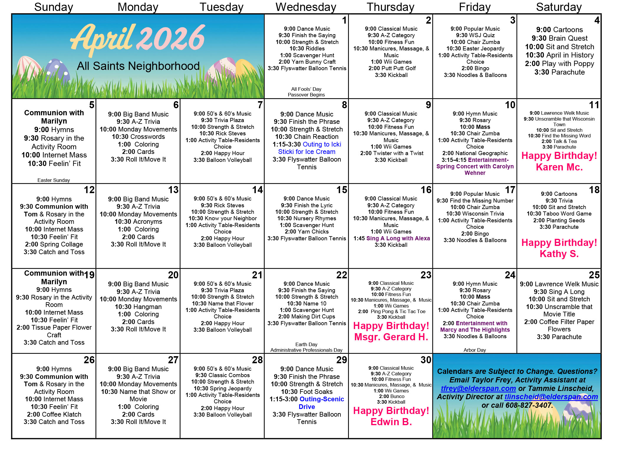 All Saints Memory Care April 2026 calendar