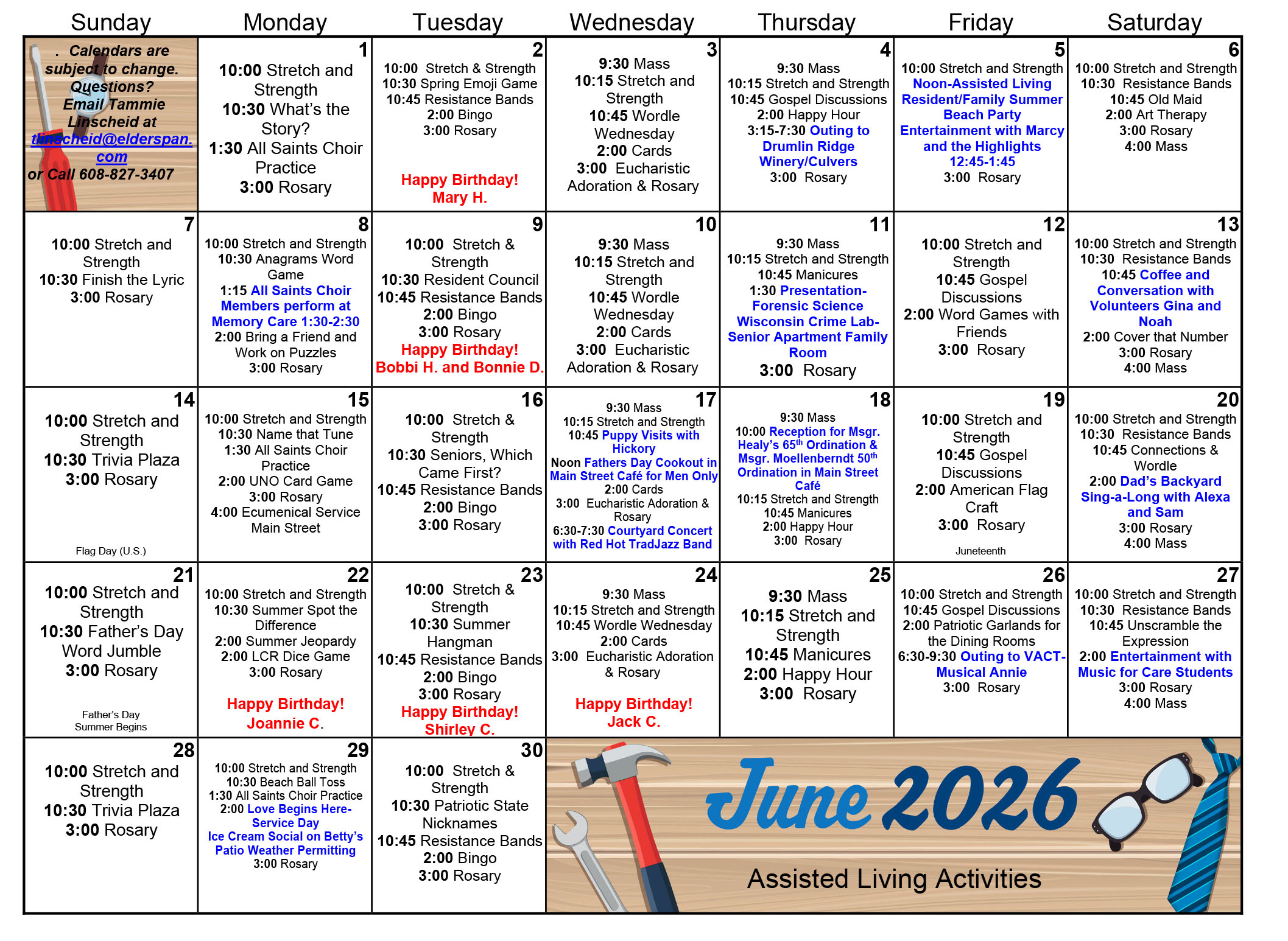 All Saints Assisted Living June 2026 calendar
