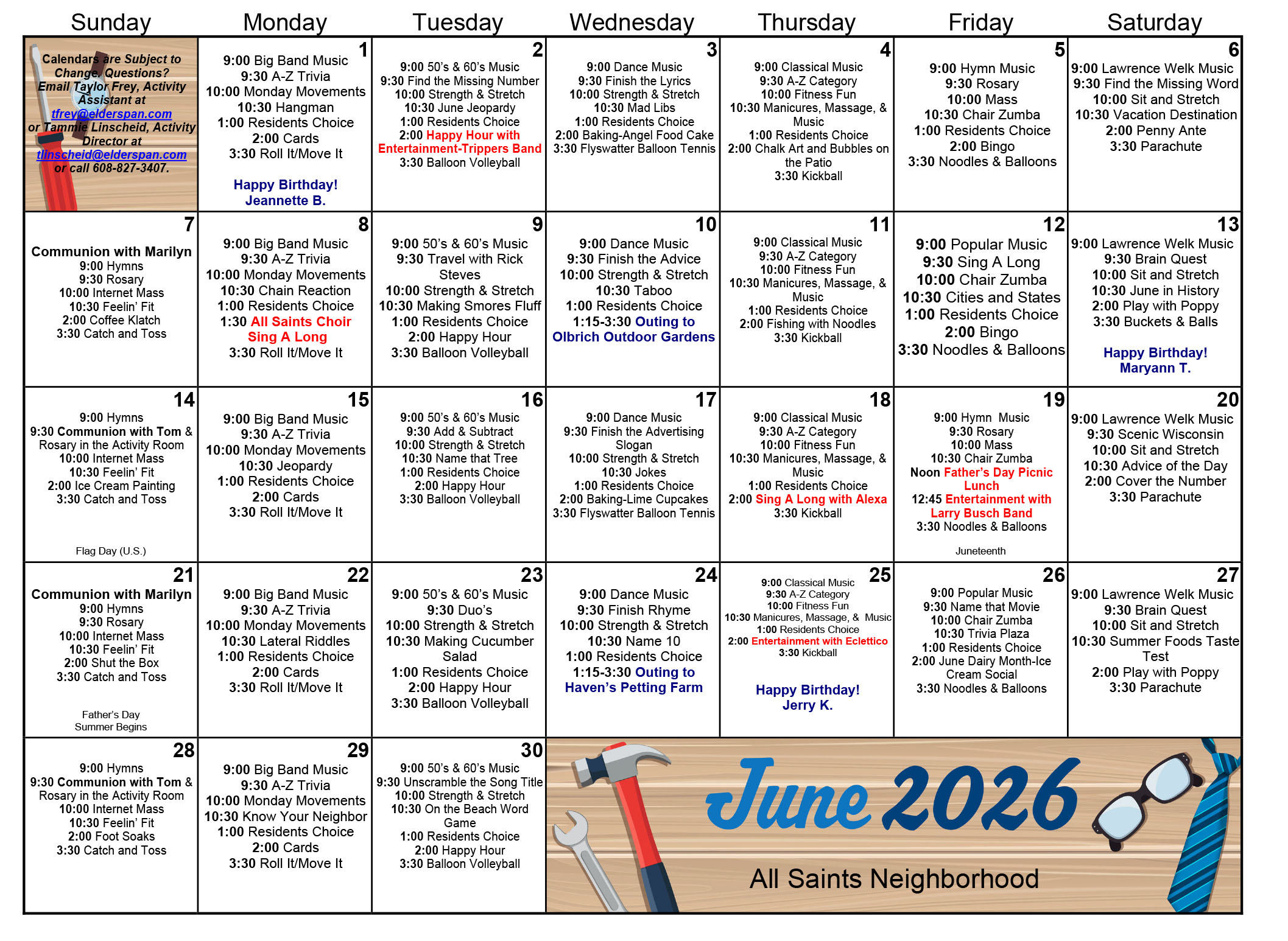 All Saints Memory Care June 2026 calendar