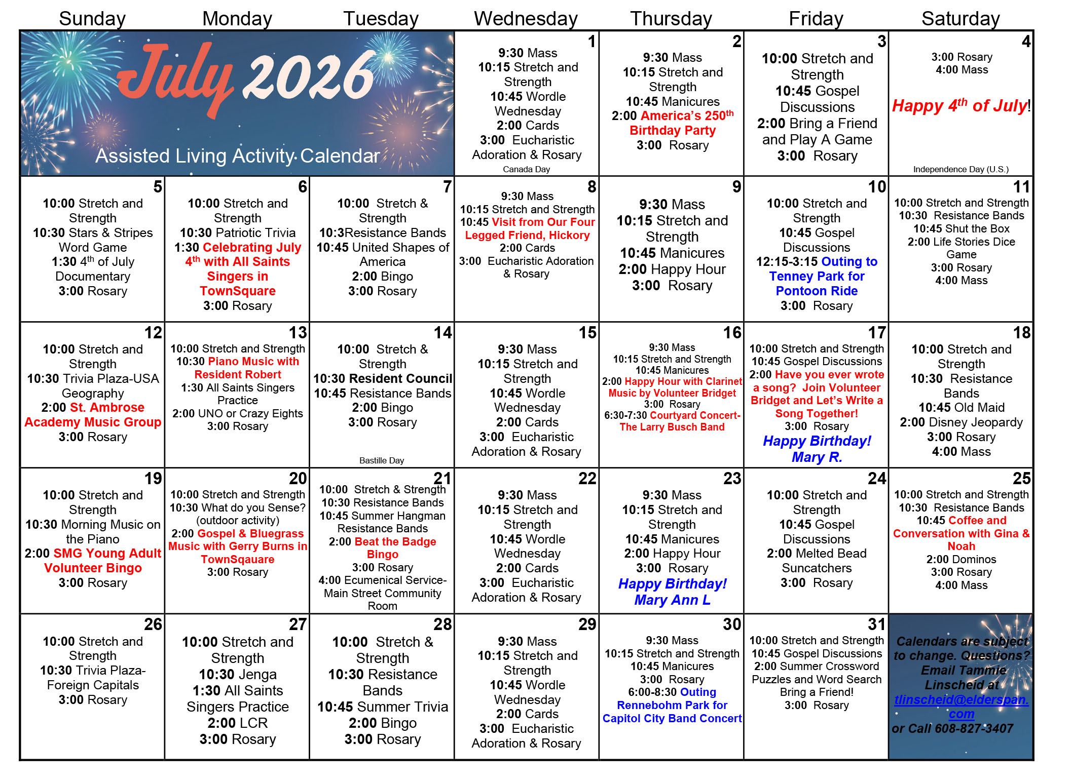 All Saints Assisted Living July 2026 calendar