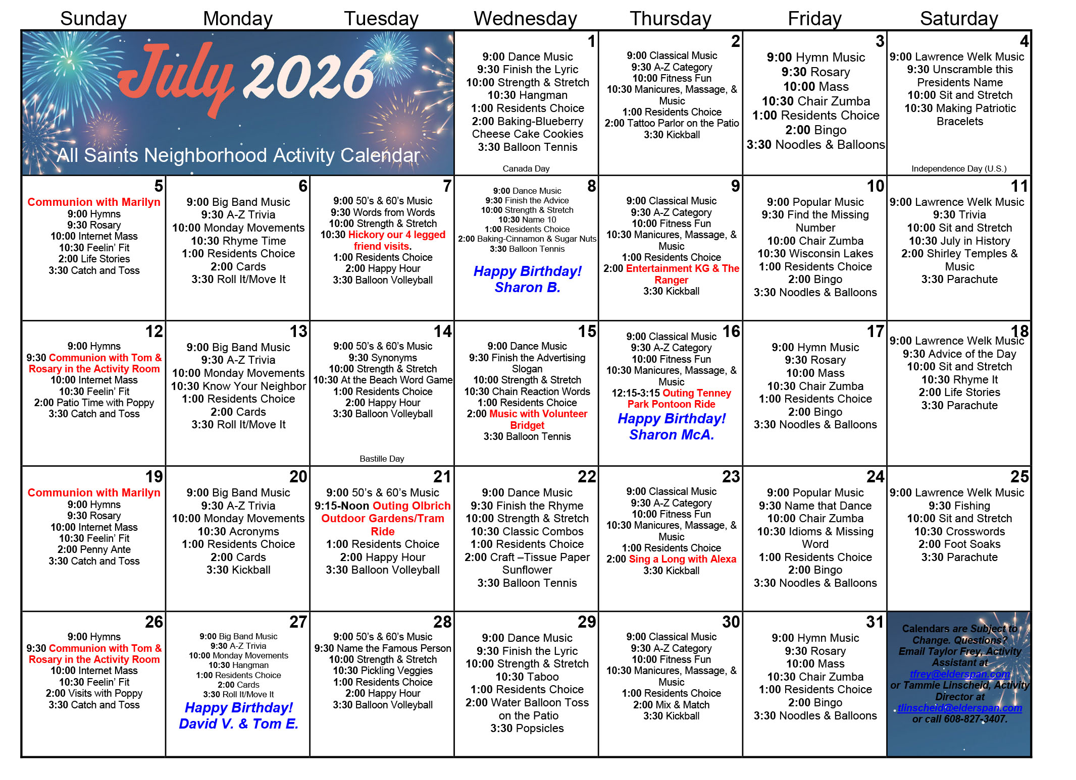 All Saints Memory Care July 2026 calendar