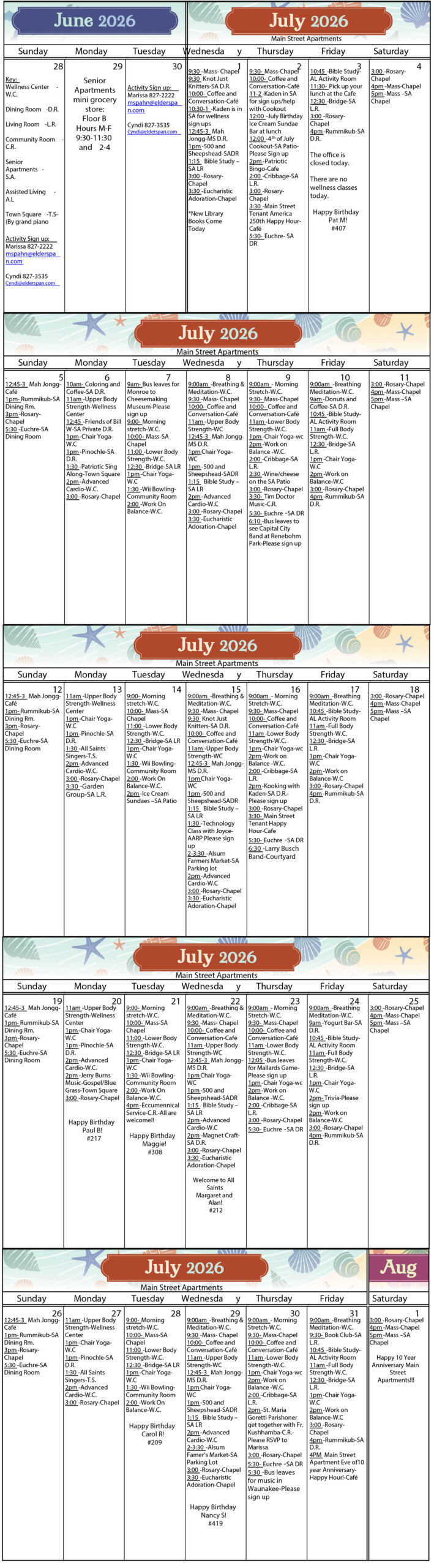 All Saints Main Street Apartments July 2026 calendar