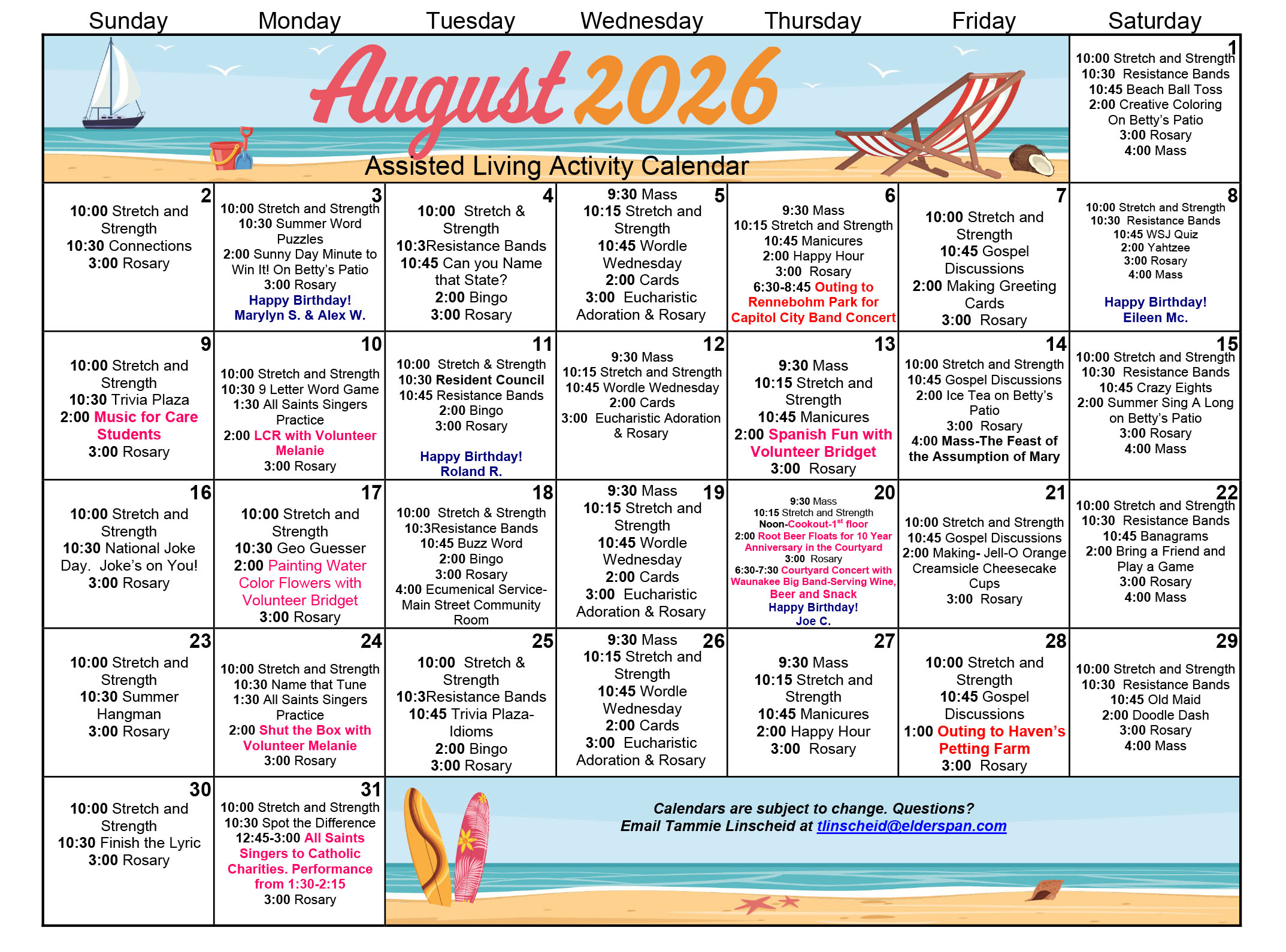 All Saints Assisted Living August 2026 calendar