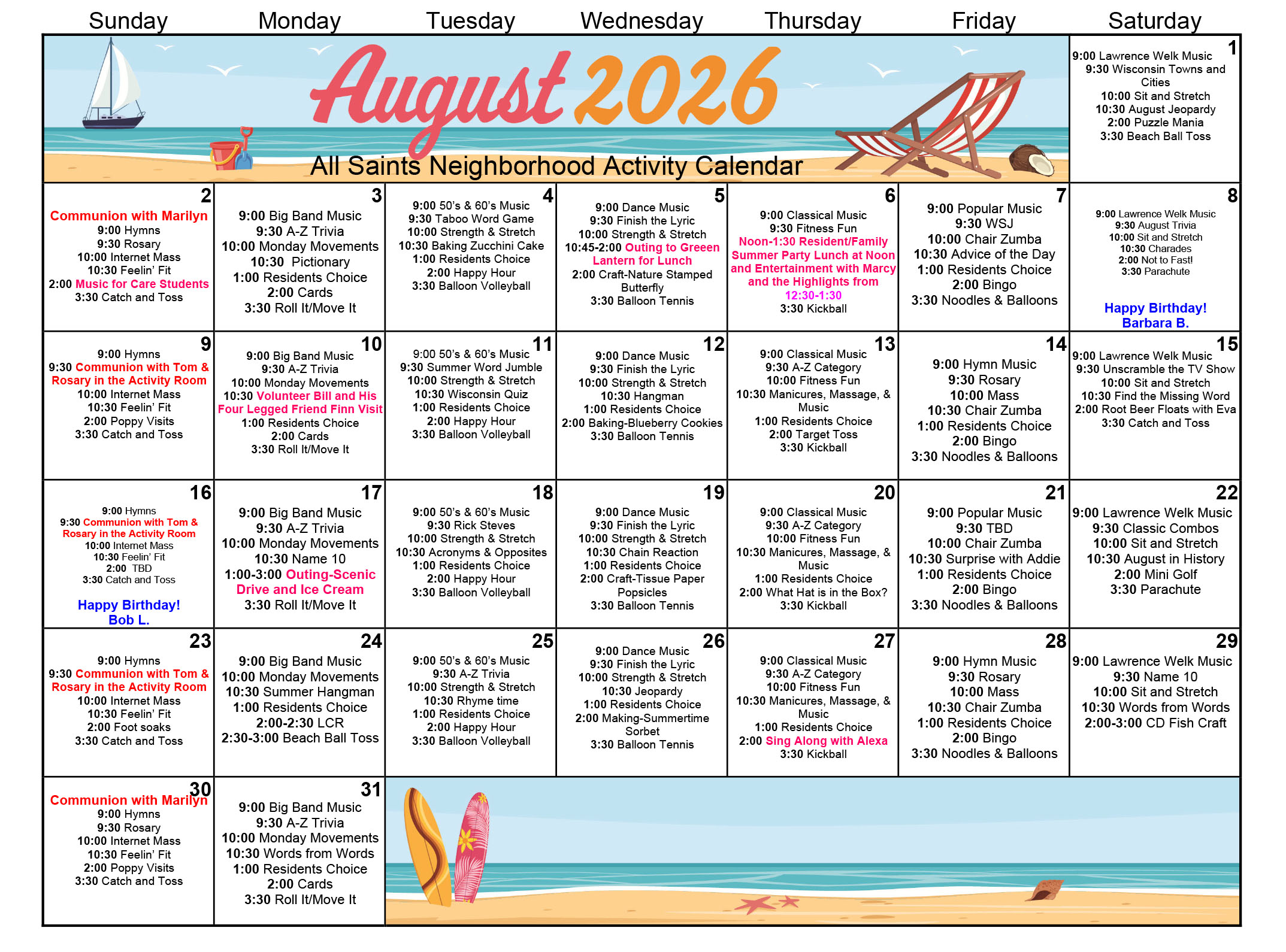 All Saints Memory Care August 2026 calendar