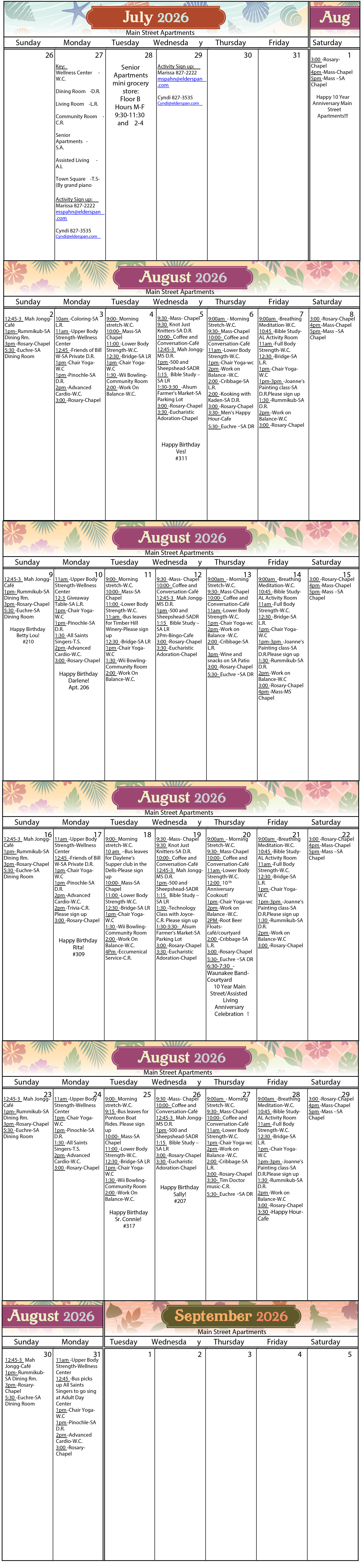 All Saints Main Street Apartments August 2026 calendar