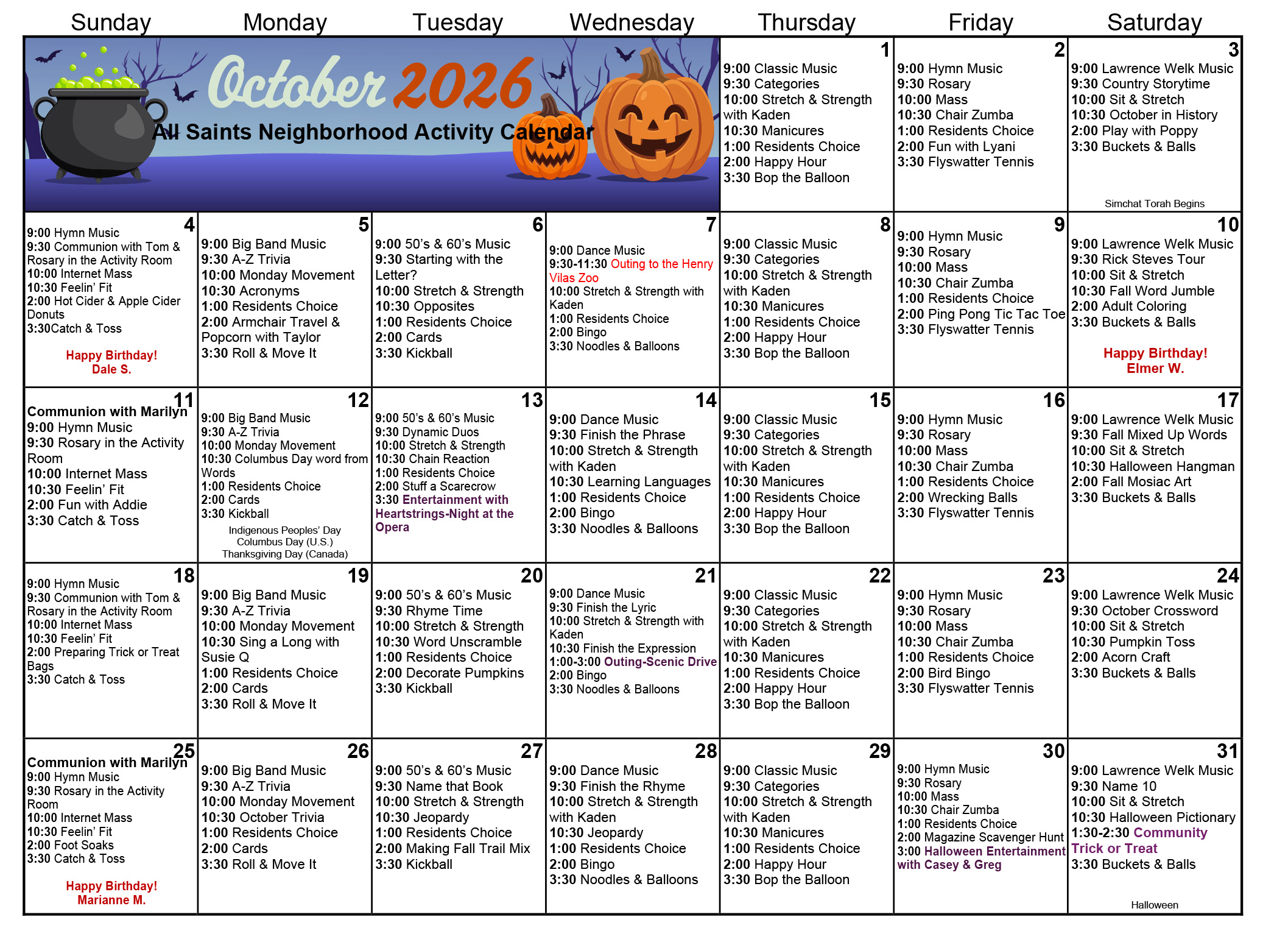 All Saints Memory Care October 2026 calendar
