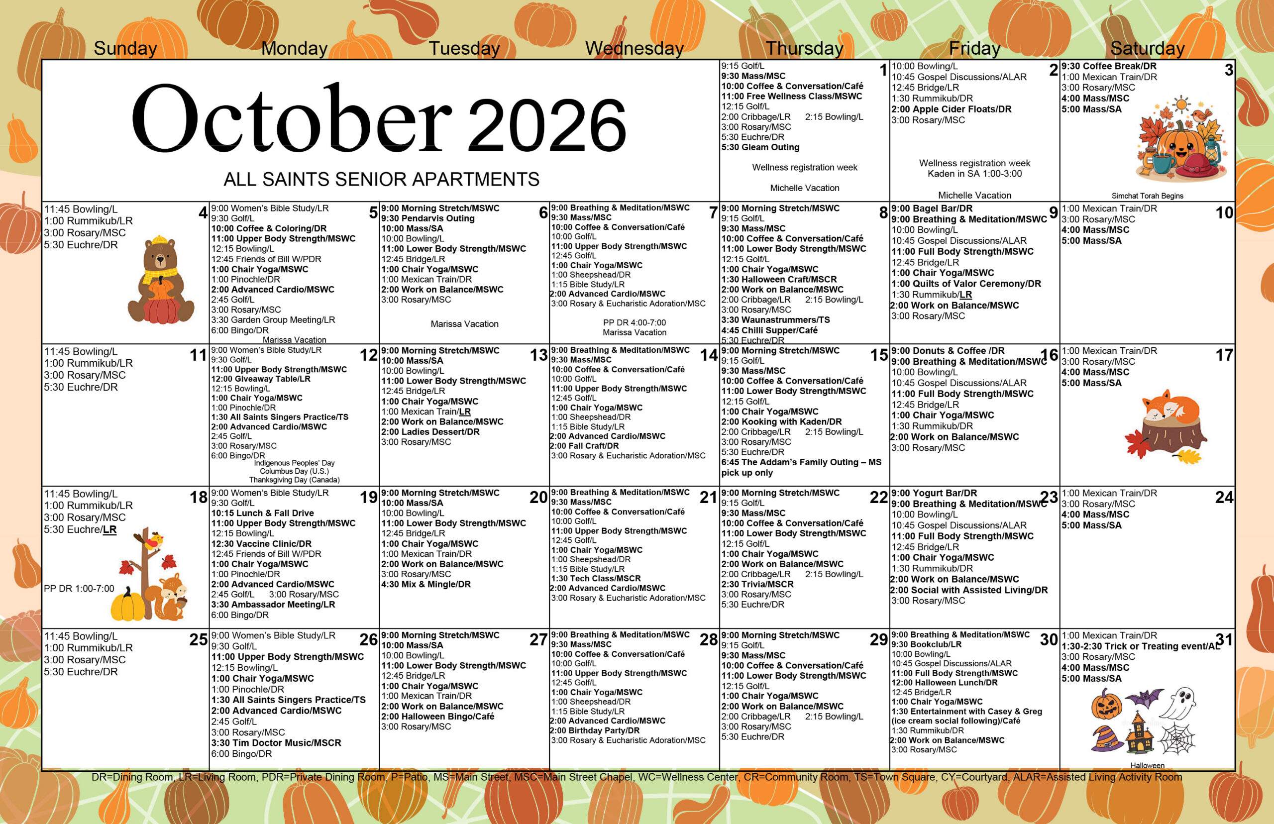All Saints Senior Apartments October 2026 calendar